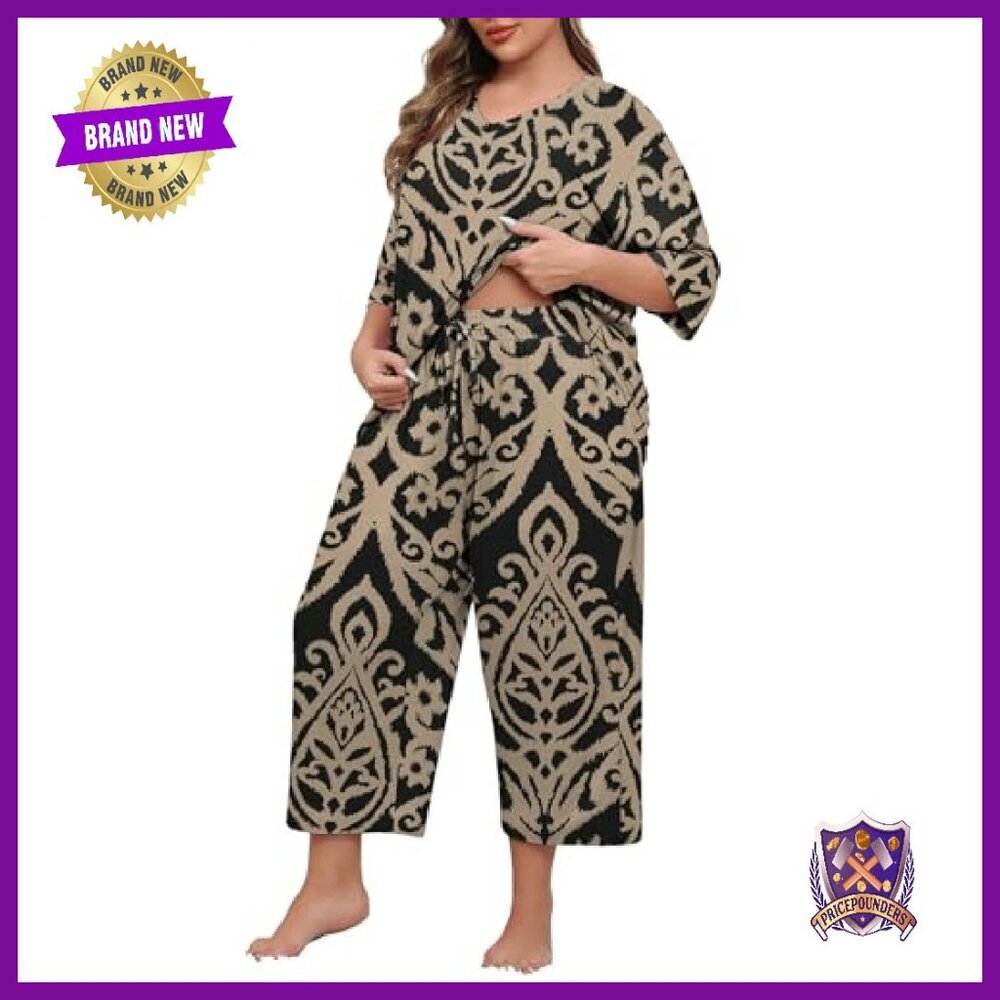 Plus Size Pajama Set V-Neck Capri Pants Soft Knit Sleepwear Loungewear - Picture 3 of 7